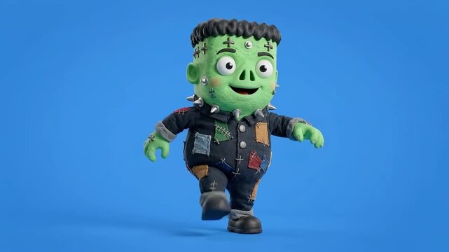 Cute 3D Cartoon Frankenstein Monster Character Walking on Blue Background.