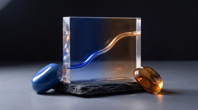 Glossy forms divided by a cobalt amber wave