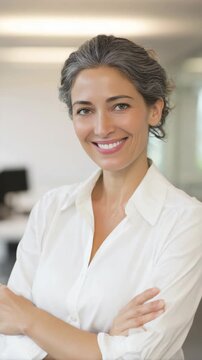 Confident Professional Woman with Gray Hair Smiling and Crossing Arms in Office