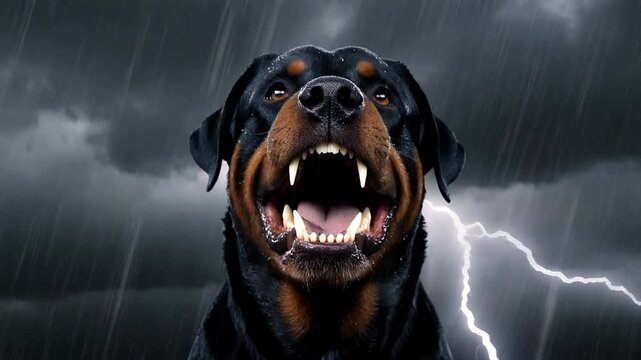 Angry rottweiler barking fiercely under stormy sky with lightning