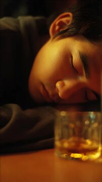 Man Sleeping Near a Glass of Whiskey in Warm Light