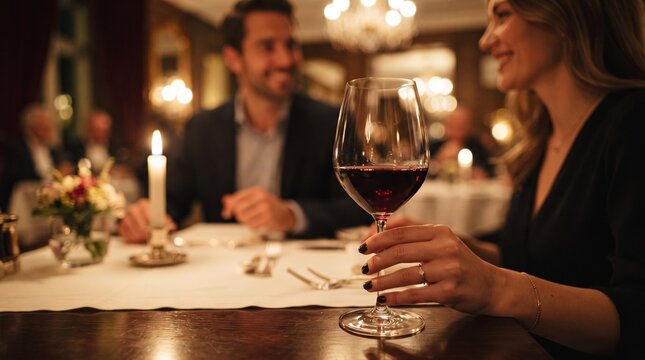 happy couple enjoying red wine at romantic candlelit restaurant dinner date