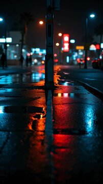 Cyberpunk Urban Street with Neon Light Reflections on Wet Ground