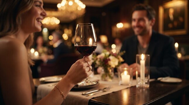 woman holding red wine glass during romantic dinner date with partner in luxury restaurant