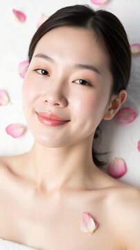 Serene woman with glowing skin and closed eyes among rose petals