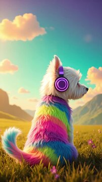 Cute White Dog Wearing Rainbow Fur Coat and Glowing Neon Headphones in Fantasy Landscape