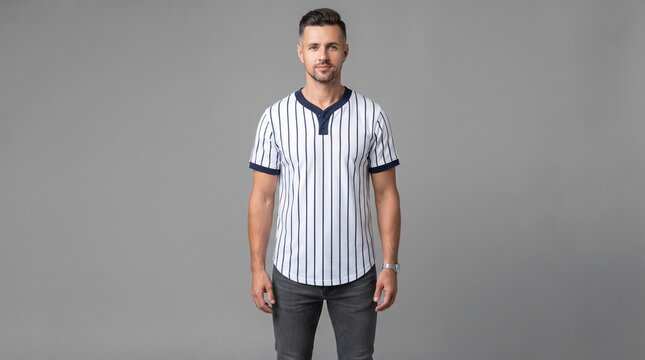 handsome athletic man posing in vertical pinstripe jersey henley shirt isolated on studio grey background