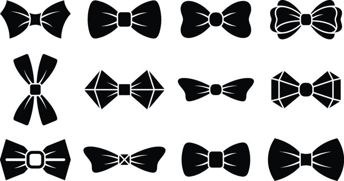 Twelve different bow tie silhouettes isolated on plain white background, bowtie fashion