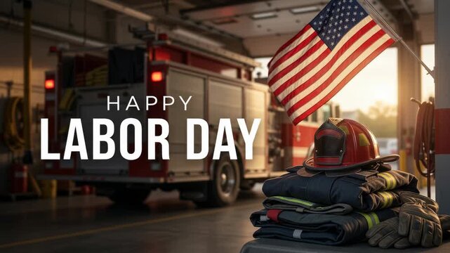 Happy Labor Day animated greeting card. Waving American flag inside a fire station with a firefighter helmet, gear, and a fire truck. Patriotic concept honoring first responders and workers