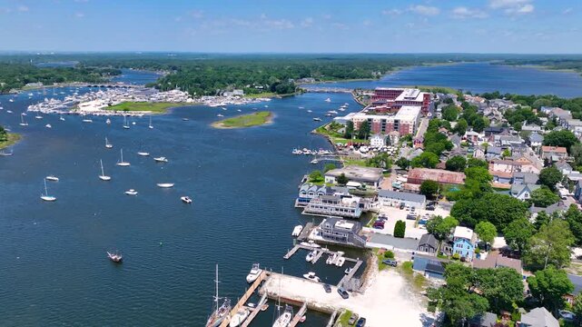 Warren coastal town aerial view including Tourister Mill and Little Island at Palmer River, town of Warren, Rhode Island RI, USA. 