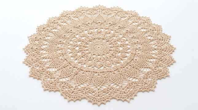 Beige crochet lace doily with intricate pattern on white surface