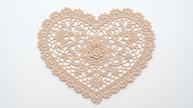 Beige crocheted heart shaped lace doily on white background