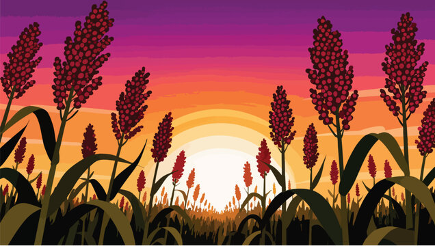 Pixel sunset over a field of tall sorghum crops purple and orange gradient sky in style
