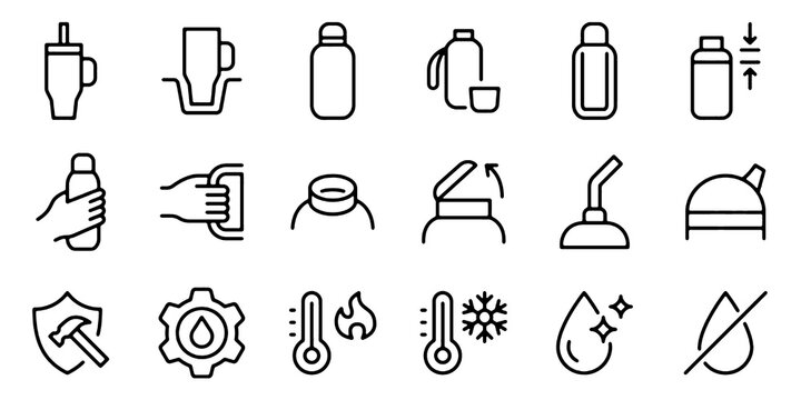 Thermos and Travel Mug Line Icon Set. Tumbler, Flip Lid, Straw Spout, Lock Cap and Dishwasher Safe Beverage Container Minimal Vector Illustration.