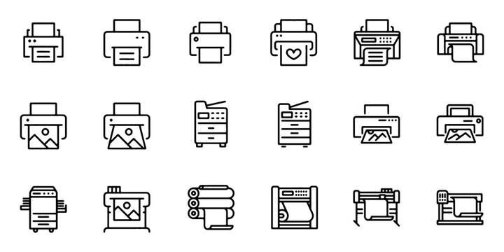 Printer Line Icon Set. Large Format Printer, Plotter, Scanner and Cutting Machine Minimal Vector Illustration. 