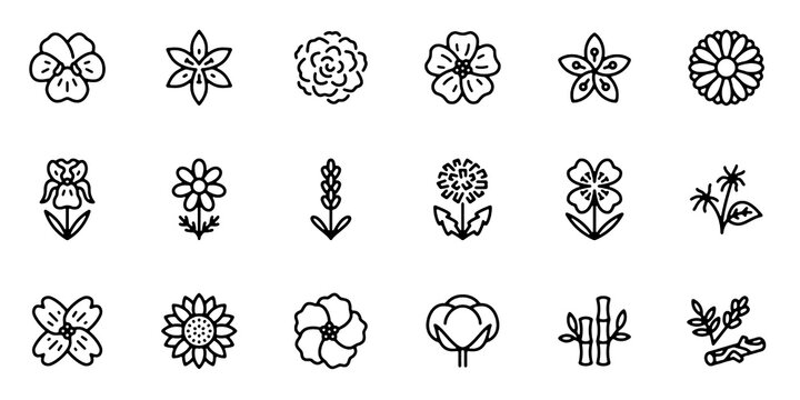Medical flowers line icon set. Rose, violet, jasmine, calendula, echinacea, iris, chamomile minimal vector illustrations. 