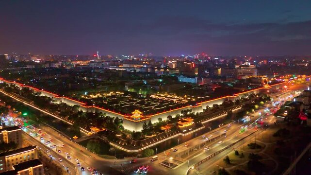 Aerial Timelapse of Xi'an Ancient City Wall at Night, China