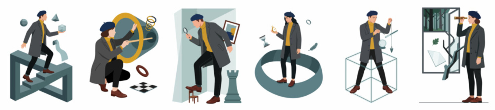 Collection of flat illustrations depicting a man exploring surreal abstract concepts like impossible geometry, perspective, time, and alternate dimensions.