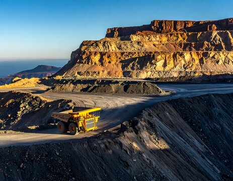 Big yellow mining dump truck working in an open pit mine quarry landscape. Ideal for heavy industry and resource extraction concepts.