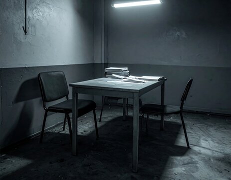A stark, cold interrogation room features a metal table with stacks of files under harsh overhead lighting. Ideal for crime investigation and legal thriller concepts.