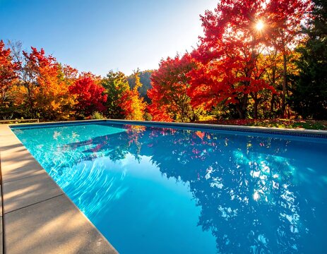 Clear blue swimming pool reflecting vibrant autumn trees with red and orange leaves in bright sunlight. Ideal for luxury travel and seasonal lifestyle concepts.