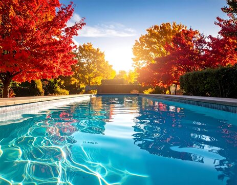 A serene swimming pool with crystal clear blue water reflecting vibrant autumn foliage at sunset. Ideal for luxury travel and relaxation marketing.