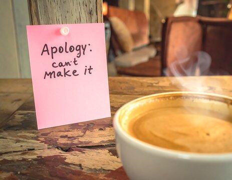 Pink sticky note with apology message and hot coffee cup on a wooden table in a cafe. Ideal for communication, cancellation, and relationship concepts.