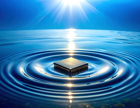 A microchip floating on water with concentric ripples and bright sunlight reflecting above. Ideal for futuristic technology and clean energy concepts.