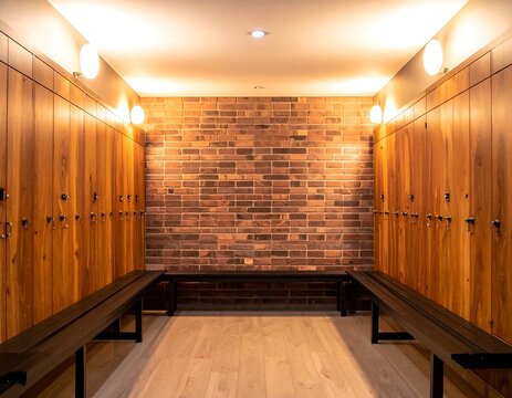Modern empty locker room with rich wooden lockers, dark benches, and exposed brick wall. Perfect for athletic facility, gym interior, and school changing room design projects.