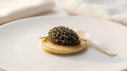 Obraz premium Fine black caviar topped on a small blini pancake with a pearl spoon on a white plate delicious appetizer delicacy restaurant composition photography
