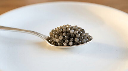 Obraz premium Luxurious black caviar mound served on a polished silver spoon over a white plate with delicious expensive appetizer delicacy restaurant metallic