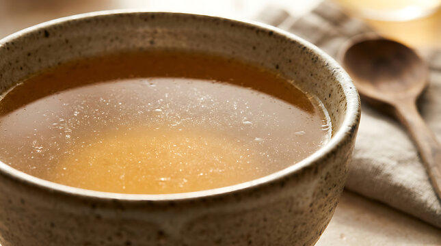 Traditional clear bone broth in a ceramic bowl with a wooden spoon nutrition homemade delicious traditional photography