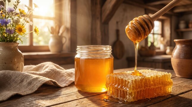 Golden honey drips from a wooden dipper onto a fresh honeycomb in a rustic kitchen setting.