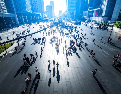 High angle aerial view of a massive crowd of diverse people walking on a wide city plaza. Ideal for urban lifestyle, commute, and modern metropolitan concepts.