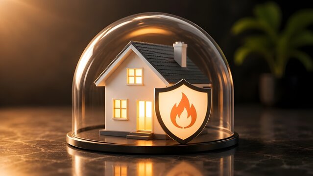 Property fire protection concept featuring white house model under glass dome shield with glowing flame symbol
