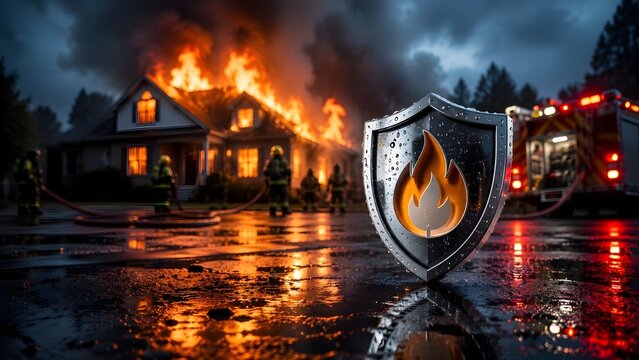 Fire safety and property protection concept with metal shield flame symbol and firefighters responding to house fire emergency