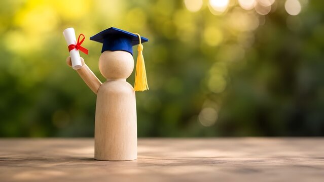 One wooden figure wearing a graduation cap holding a diploma certificate with a red ribbon against green nature background