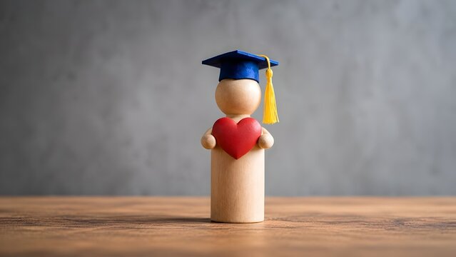 One wooden figure wearing a graduation cap holding a red heart representing a passion for learning and educational care