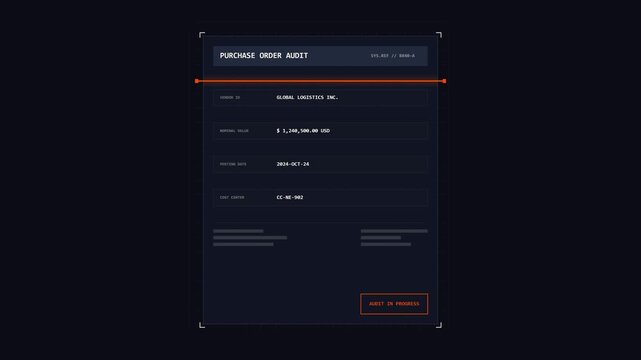 Digital purchase order audit interface scanning financial data on dark screen