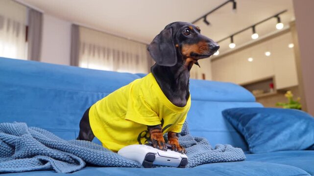 A black and tan dachshund dog in a yellow shirt stands on a blue sofa with one paw on a controller, a concept of gaming addiction and screen time risk.