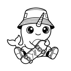 Naklejka premium Cute baby unicorn character wearing bucket hat sitting illustration.
