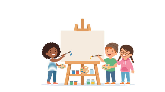 Three happy young children hold paintbrushes and palettes as they prepare to paint together on a large easel.