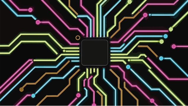 Digital microchip processor colorful circuit board traces radiating outward on black background