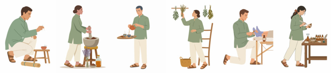Obraz premium Set of illustrations depicting practitioners performing traditional Ayurvedic treatments, herbal medicine preparation, and therapeutic massage on a white background.