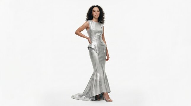 Beautiful young woman wearing a shimmering silver sequin evening gown standing against a plain white background