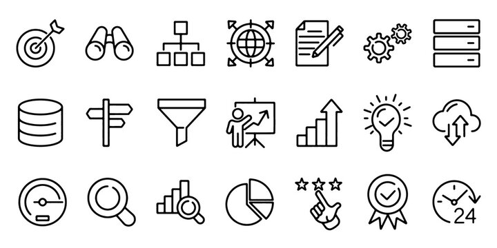 Data analytics icon set. Data analysis, business intelligence and statistics line icons. Vector illustration.