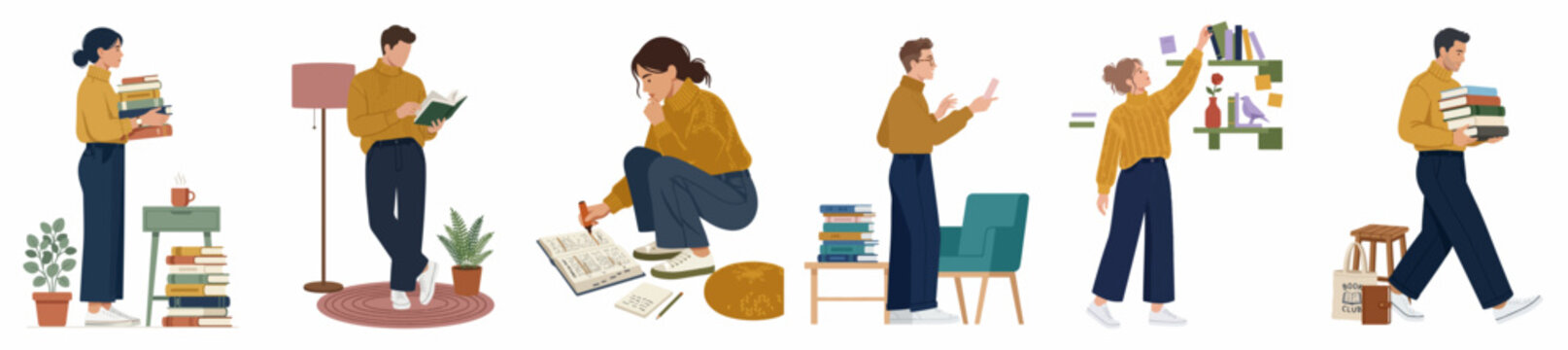 Diverse set of flat vector illustrations featuring young people engaged in reading, studying, organizing bookshelves, and carrying stacks of books at home.