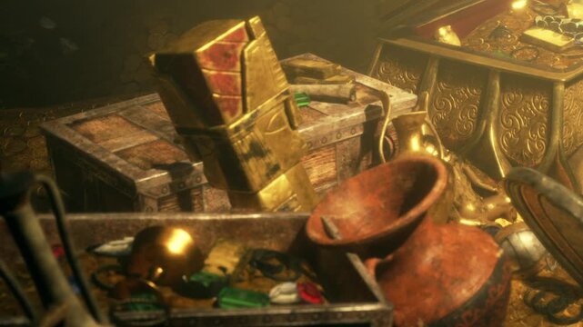 A treasure chest is shown overflowing with gold objects, pottery, and ancient artifacts inside a dimly lit cave. The scene displays the wealth of a lost civilization.