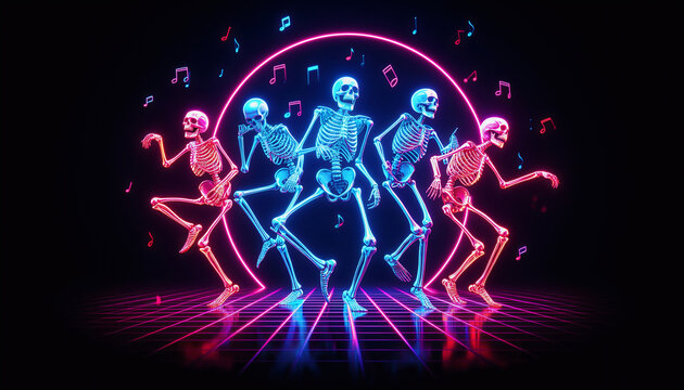 Happy skeletons dancing in neon disco background in 3d style