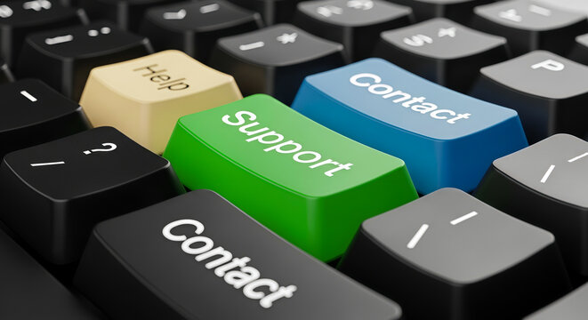 Computer keyboard with help support and contact buttons for customer service